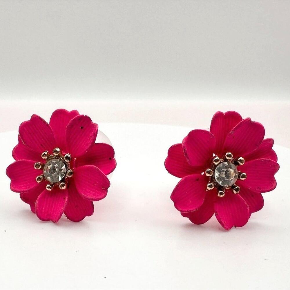 Vintage Y2K Pink Enamel Flower Stud Earrings Clear Rhinestone Statement Jewelry